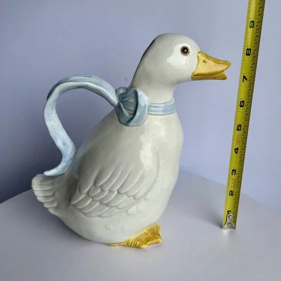 Fitz and Floyd White Goose Pitcher Blue Ribbon Handle Vintage Kitchenware - Picture 10 of 12